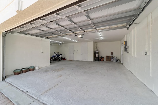 garage featuring electric water heater, electric panel, and a garage door opener