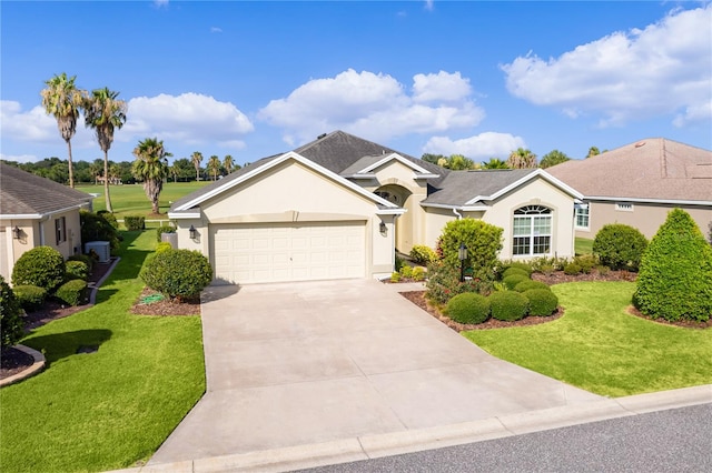 ranch-style house with central AC, a garage, and a front lawn