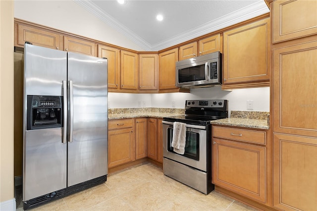 kitchen with light stone countertops, crown molding, lofted ceiling, and appliances with stainless steel finishes