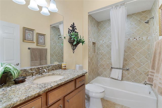 full bathroom featuring vanity, toilet, and shower / bathtub combination with curtain