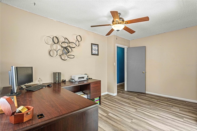 office featuring ceiling fan, light hardwood / wood-style floors, and a textured ceiling