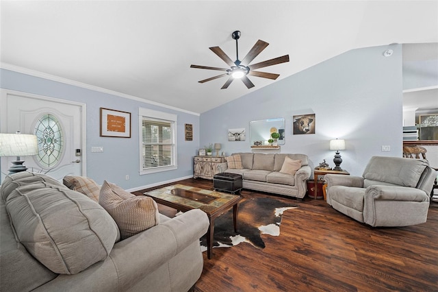 living room featuring dark hardwood / wood-style floors, ceiling fan, and lofted ceiling