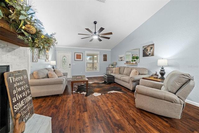 living room featuring ceiling fan, dark hardwood / wood-style flooring, crown molding, and lofted ceiling