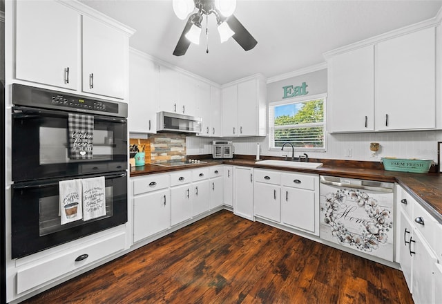 kitchen featuring black appliances, sink, ornamental molding, tasteful backsplash, and white cabinetry