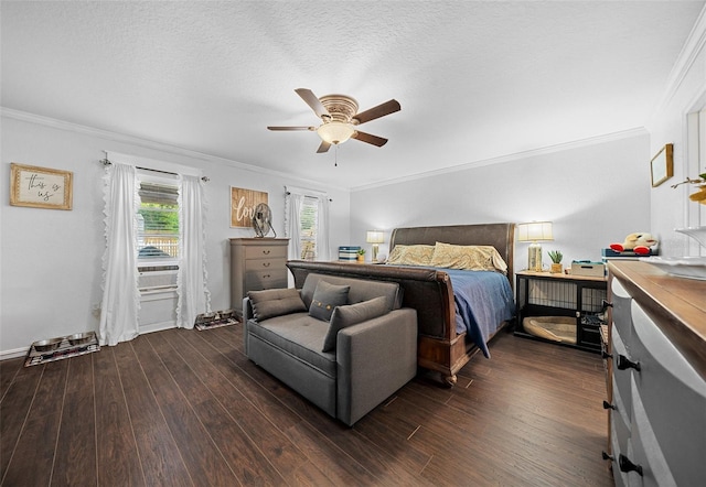 bedroom featuring ceiling fan, dark hardwood / wood-style flooring, and ornamental molding