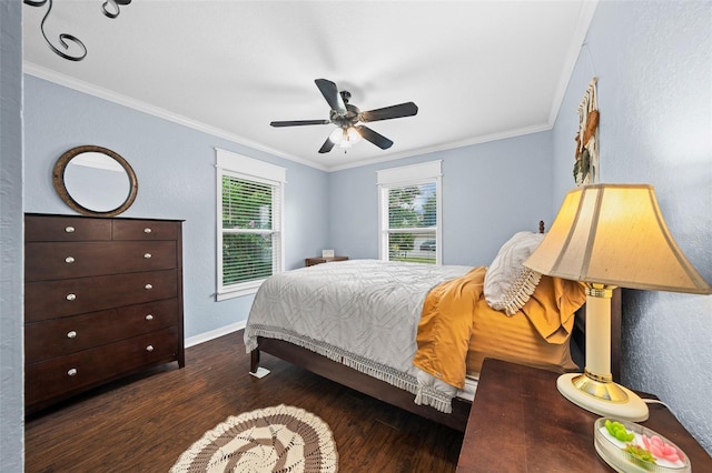 bedroom with ceiling fan, crown molding, and dark wood-type flooring