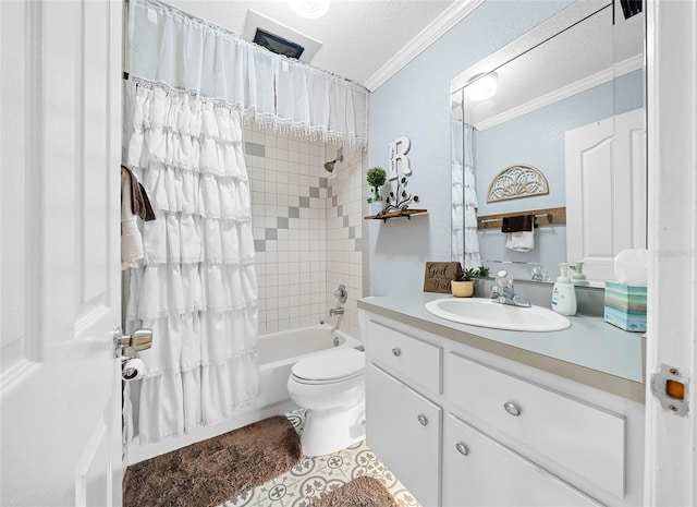 full bathroom featuring shower / bath combo, crown molding, a textured ceiling, toilet, and vanity