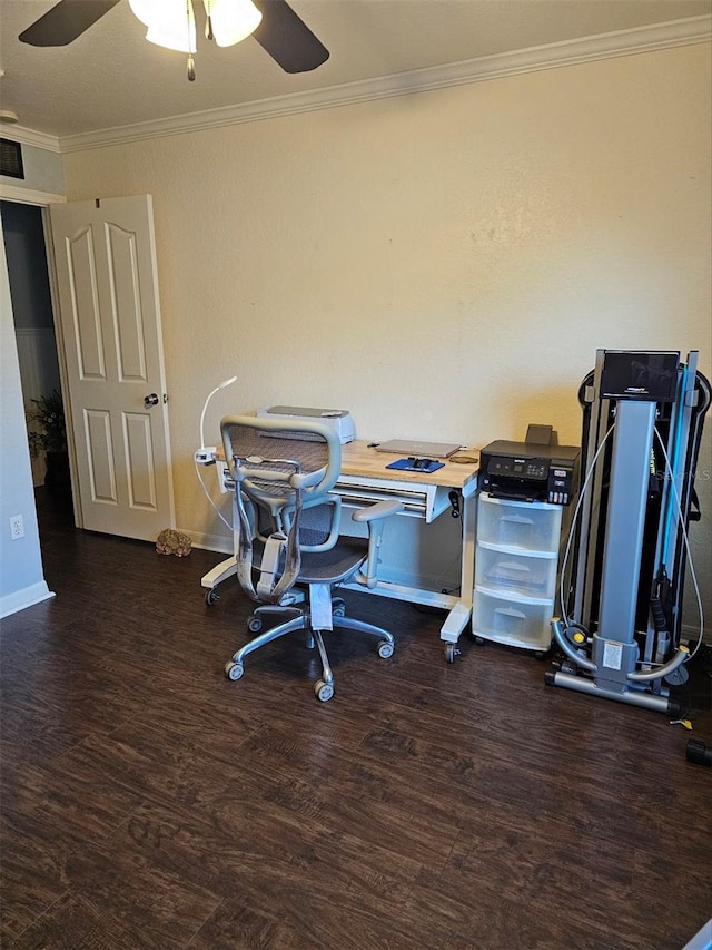 office with ceiling fan, ornamental molding, and dark wood-type flooring