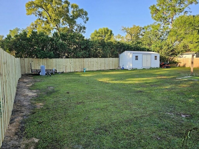 view of yard with a storage shed