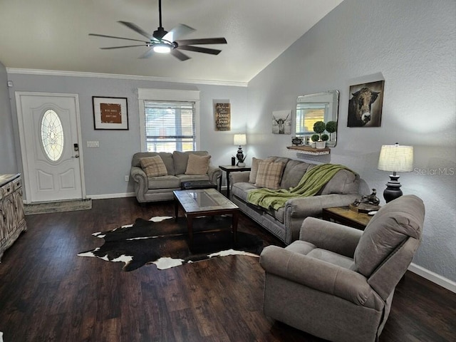 living room with vaulted ceiling, ceiling fan, dark hardwood / wood-style floors, and ornamental molding