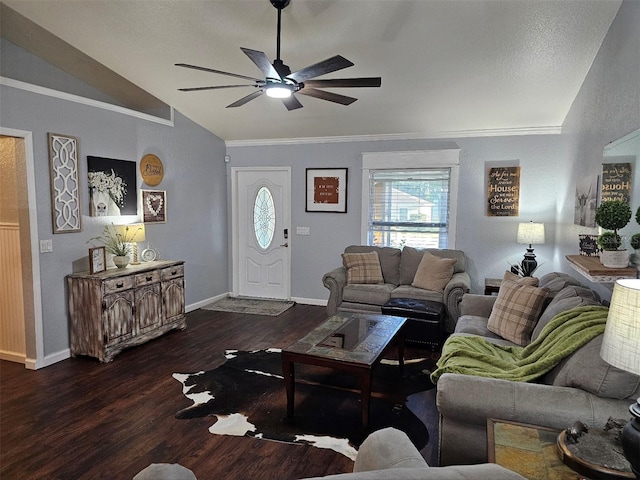 living room with ceiling fan, dark hardwood / wood-style flooring, and lofted ceiling