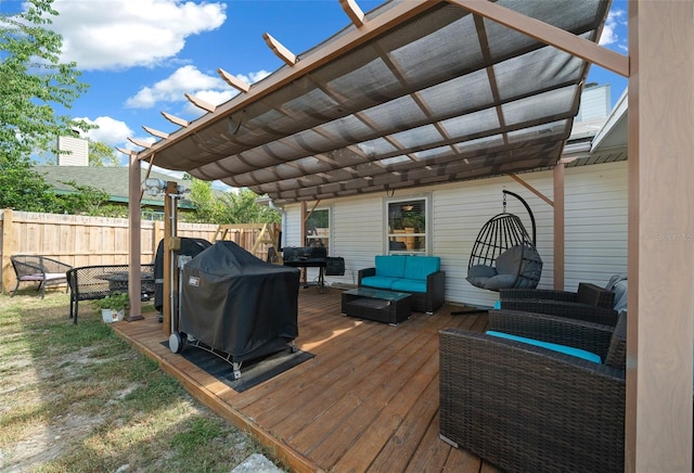 wooden terrace with a pergola, a grill, and an outdoor hangout area