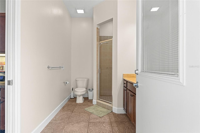 bathroom with vanity, an enclosed shower, tile patterned floors, and toilet