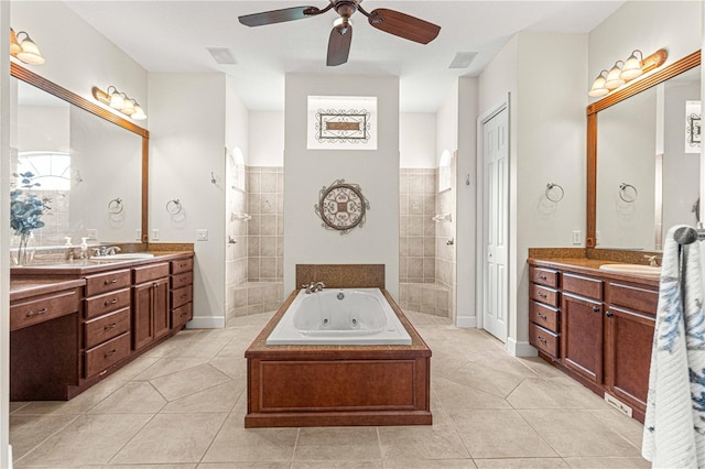 bathroom featuring vanity, tile patterned floors, plus walk in shower, and ceiling fan