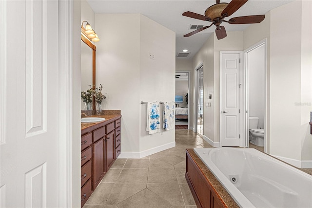 bathroom with a tub to relax in, toilet, vanity, ceiling fan, and tile patterned flooring