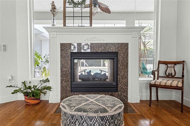 room details with ceiling fan, a fireplace, and hardwood / wood-style floors