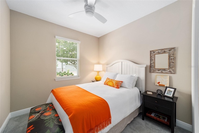 bedroom with ceiling fan and carpet