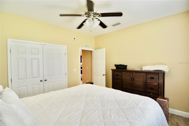 bedroom with ceiling fan and a closet