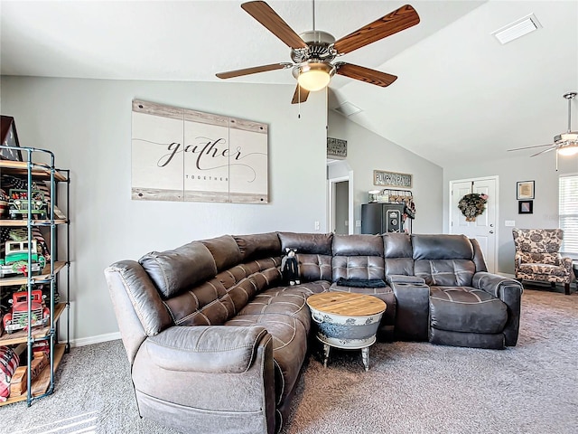 living room with lofted ceiling, carpet floors, and ceiling fan