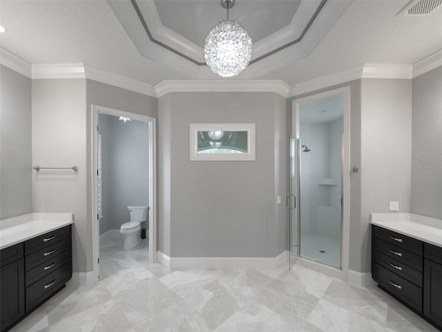 bathroom with walk in shower, toilet, a notable chandelier, a raised ceiling, and crown molding