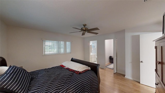 bedroom with ensuite bath, baseboards, light wood-style floors, and ceiling fan