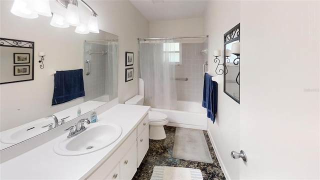 full bathroom featuring tile floors, tiled shower / bath combo, large vanity, and toilet