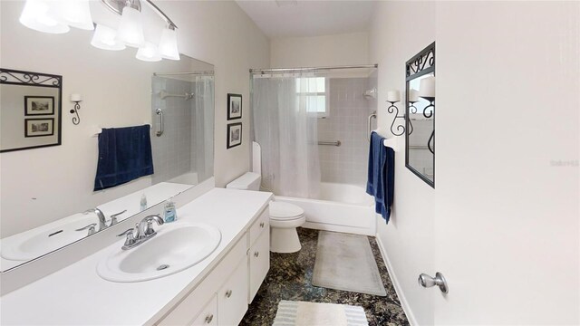 bathroom featuring toilet, vanity, and shower / bathtub combination with curtain
