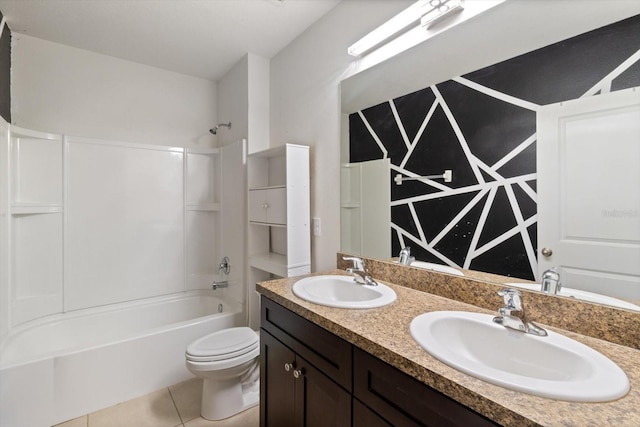 full bathroom featuring tile patterned floors, shower / tub combination, vanity, and toilet