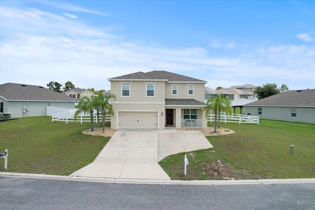 view of front property with a front yard, a garage, and a porch