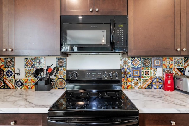 kitchen featuring dark brown cabinetry, light stone countertops, decorative backsplash, and black appliances