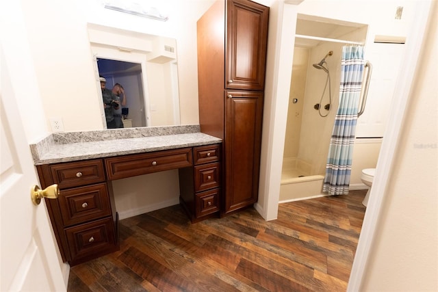 bathroom with a shower with shower curtain, vanity, toilet, and wood-type flooring