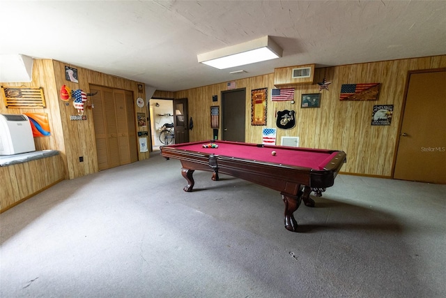 playroom with carpet flooring, wood walls, and billiards