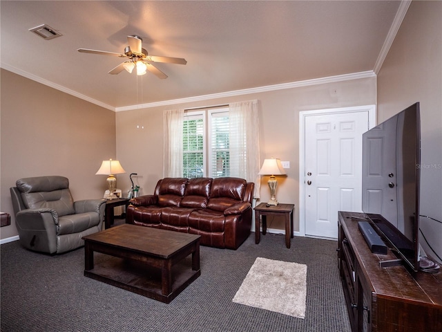 carpeted living room featuring ceiling fan and crown molding