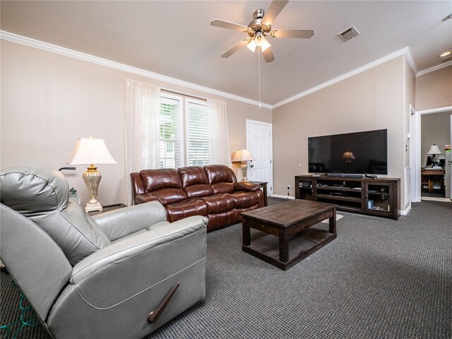 carpeted living room featuring ornamental molding, ceiling fan, and vaulted ceiling