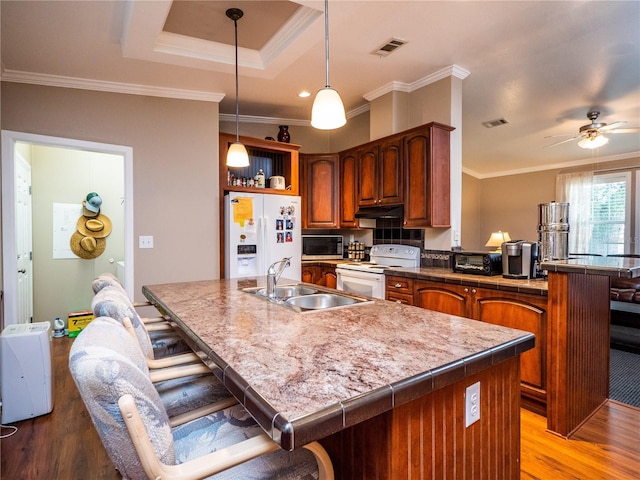 kitchen with ceiling fan, light hardwood / wood-style floors, white appliances, pendant lighting, and sink