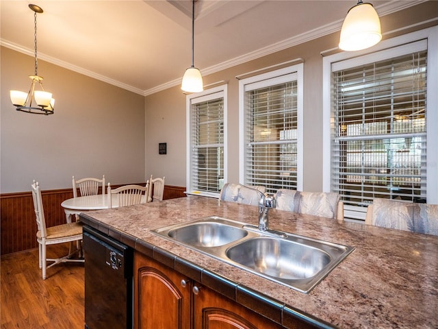 kitchen with ornamental molding, dishwasher, hardwood / wood-style floors, and sink