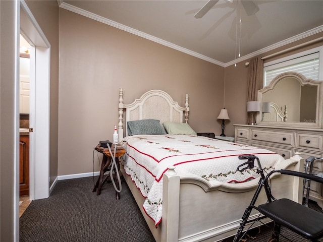 bedroom with ceiling fan, dark carpet, and ornamental molding