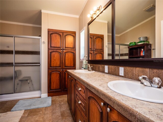 bathroom featuring dual bowl vanity, tile flooring, and ornamental molding