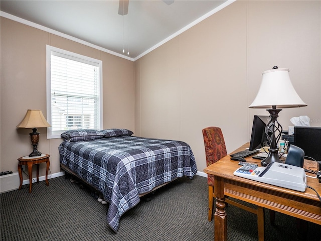 carpeted bedroom with ceiling fan and crown molding