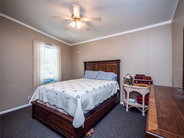 bedroom with ceiling fan and ornamental molding