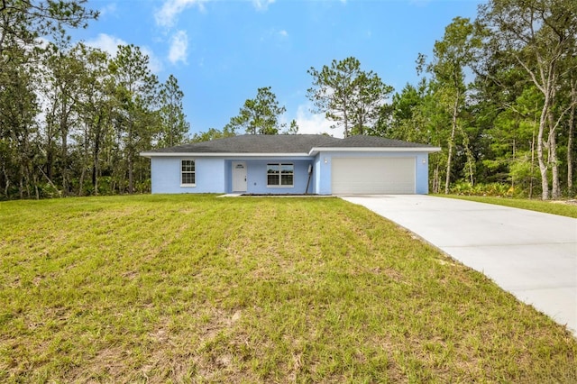 ranch-style house with a garage and a front lawn