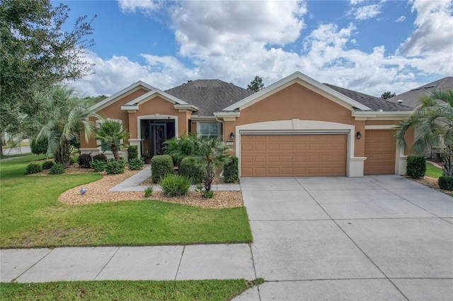 view of front of home with a front lawn and a garage