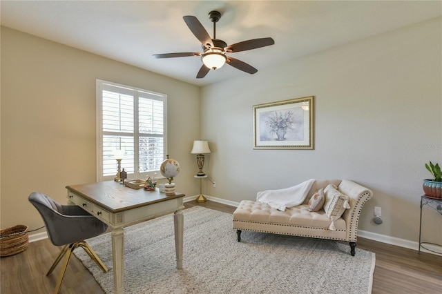 office area with ceiling fan and wood-type flooring