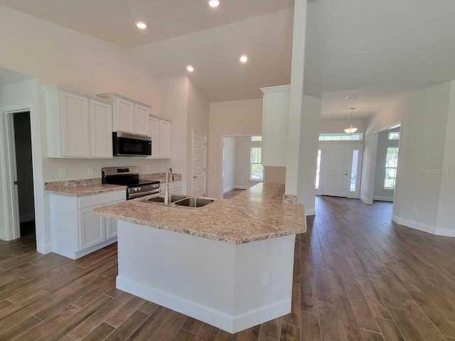 kitchen featuring kitchen peninsula, sink, appliances with stainless steel finishes, dark hardwood / wood-style flooring, and white cabinetry