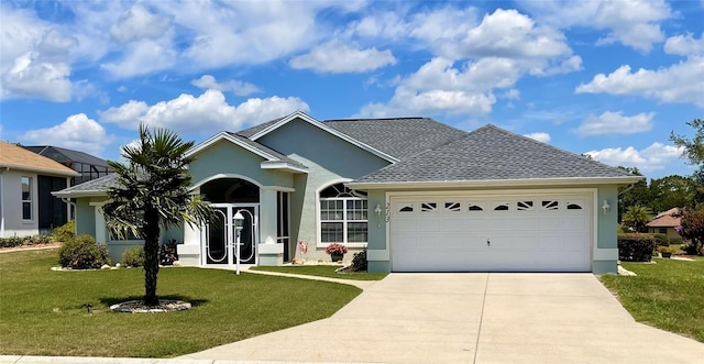 single story home with a garage and a front yard