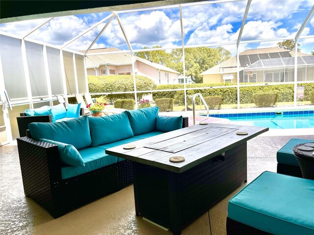 exterior space featuring outdoor lounge area and a lanai