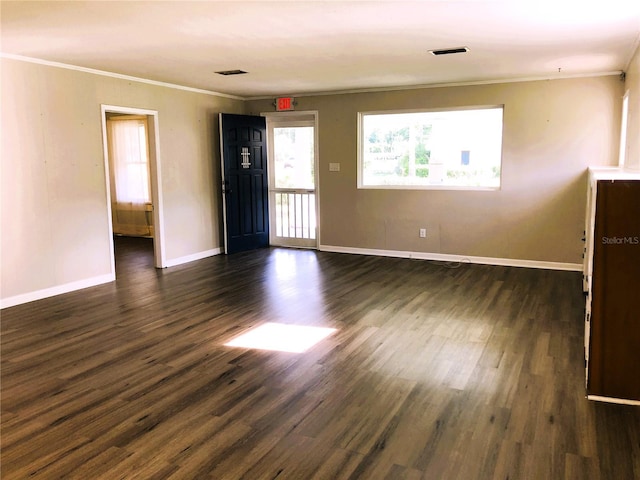 spare room featuring ornamental molding and dark hardwood / wood-style floors