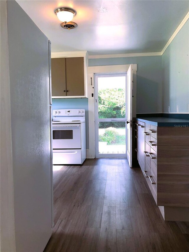 kitchen with dark hardwood / wood-style floors, white range with electric cooktop, stainless steel refrigerator, and ornamental molding