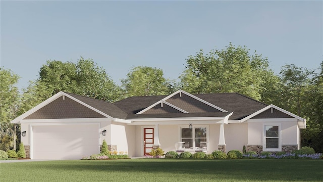 view of front of house with a front yard, a garage, and covered porch