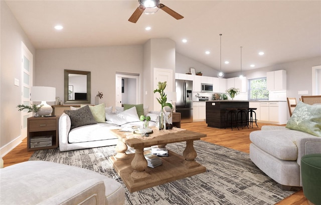 living room with high vaulted ceiling, ceiling fan, and light hardwood / wood-style flooring